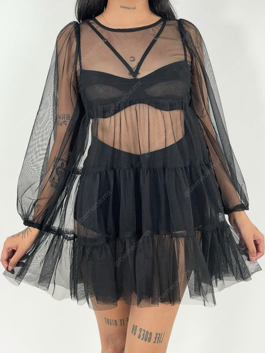 Vestido Babydoll Mesh Negro - Be Meow - Vestidos